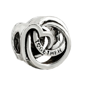 Close-up of interlocking heart charms in silver finish with TOGETHER engraving detail