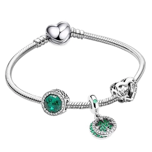 Silver charm bracelet with green clover and Love You MUM heart charms on snake chain