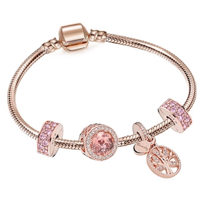 Rose gold charm bracelet with Family tree pendant and pink crystal beads on white background