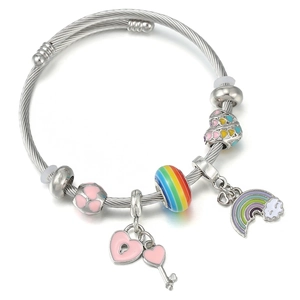 Bracelet jonc en acier pour femmes avec breloques cœur rose et perles arc-en-ciel