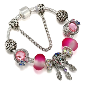 Silver snake chain bracelet with pink crystal beads and dreamcatcher tree leaf pendant