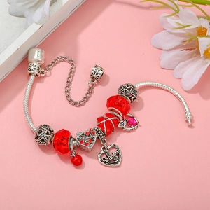 Red crystal heart pendant bracelet with silver snake chain and family grandma charms