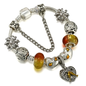 Aquarius zodiac charm bracelet with amber glass beads and silver snake chain
