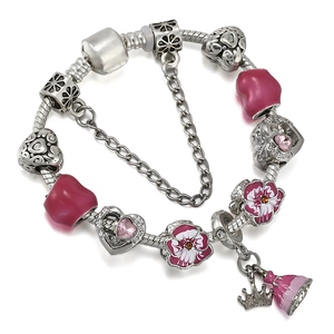 Pink heart crown charm bracelet in silver plated snake chain for women accessories
