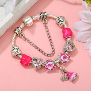 Women's crown princess charm bracelet with pink enamel heart beads and silver snake chain