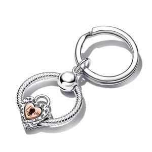 Two-tone heart padlock keychain with snake chain ring and Love you engraving