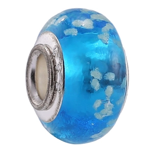 Perle translucide bleu ciel avec éclats blancs et cœur en argent gravé pour bijoux