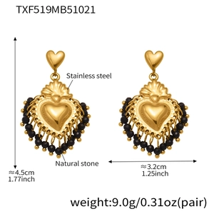 Detail view of gold heart earrings with black natural stone drops and dimensions