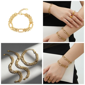Détail du bracelet gourmette en acier inoxydable plaqué or 18 carats avec zircons 5A