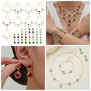 Detailed set of gold plated geometric square crystal necklace, bracelet and earrings