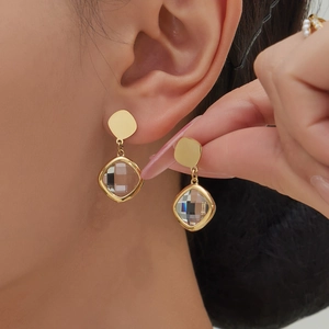 Elegant geometric square cut crystal drop earrings with gold-plated setting for women