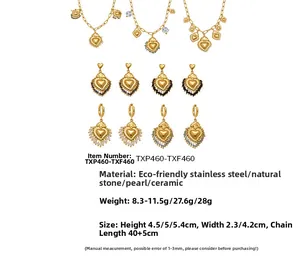 Detail view of 18k gold plated stainless steel heart jewelry set with natural stones