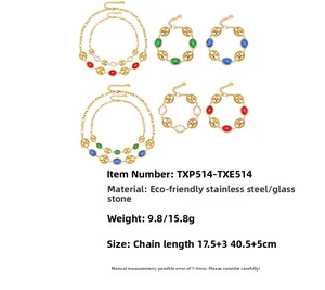 Detailed view of stainless steel pig nose jewelry set with colorful glass stones
