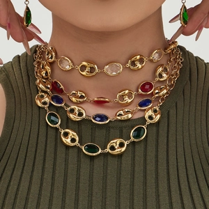 Luxury Stainless Steel Jewelry For Women 18K Gold Plated Colorful Glass Stone Coffee Bean Pig Nose Chain Necklace And Bracelet