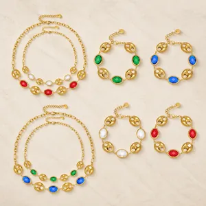 18k gold plated stainless steel jewelry set with coffee bean links and oval crystals