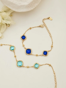 Detail of 18k gold plated stainless steel jewelry set with square blue gemstones