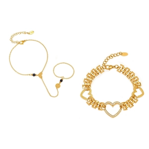 18k gold plated stainless steel heart chain bracelet and finger ring set with zircon stones