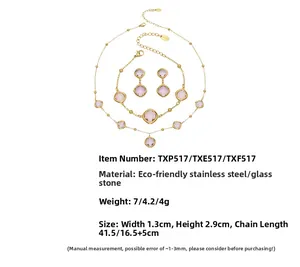 Detailed set of pink glass square stone necklace and earrings in gold stainless steel