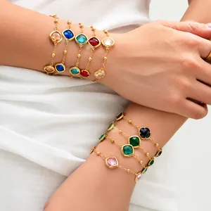 Luxury Stainless Steel Square Cut Color Glass Stone Necklace Bracelet Earrings 18K Gold Plated Jewelry For Women
