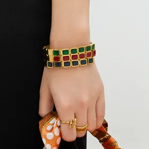 Vintage Roestvrij Stalen Vierkante Kleurrijke Glassteen Armband 18K Verguld Geometrische Mode Sieraden Voor Vrouwen
