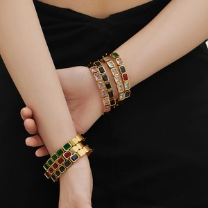 18k vergulde roestvrijstalen armbanden met kleurrijke rechthoekige glasstenen
