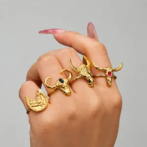 Vintage Edelstahl Stierkopf Offener Ring 18K Vergoldet Tiermotiv Punk Schmuck Verstellbarer Pferdekopf Fingerring