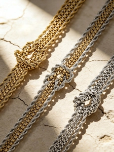 Dettaglio di bracciali con nodo a più fili in finiture oro e argento con trama a catena