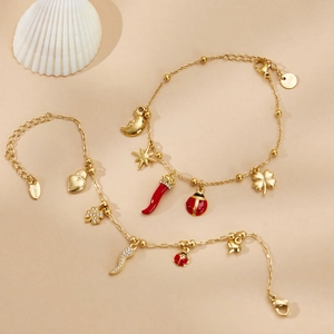Parure bijoux en acier inoxydable plaqué or 18k avec trèfle, piment et zircons 5A