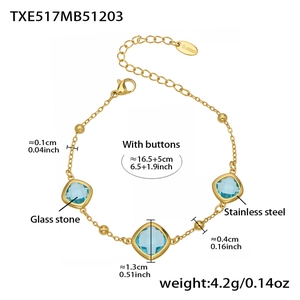 Macro view of gold stainless steel bracelet with square blue stones and beaded details