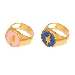 Bagues chevalières dorées à l'or 18 carats avec émail rose et bleu et portraits royaux