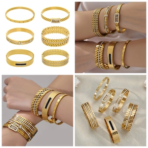 Detailed set of six 18k gold-plated geometric bangles with zircon and enamel inlays