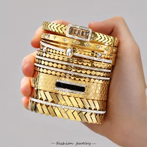 Luxury Stainless Steel Geometric Rhombus Bangle For Women Gold Plated Zirconia Rhinestone Bracelet Fashion Hand Jewelry