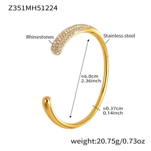 Detail view of 18k gold plated stainless steel cuff with measurements and pavé rhinestones