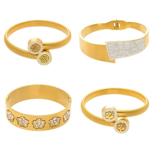 Bracciali in acciaio inossidabile placcati oro lucido con motivi floreali e zirconi