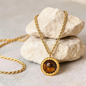 Collier vintage en acier inoxydable plaqué or 18k avec pendentif œil de tigre rond