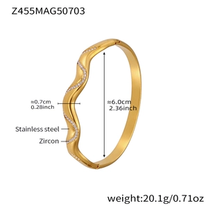 Detail specifications of wave stainless steel bangle with zircon inlay and dimensions