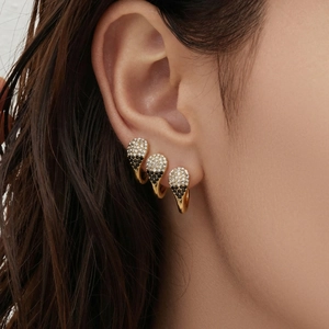 Three-piece gold-plated swan hoop earrings with black and white zircon stone pavé set