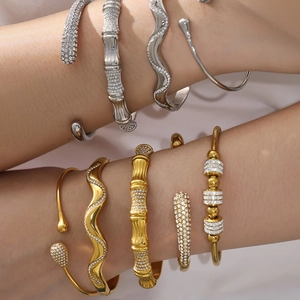 Geometric irregular wavy diamond bracelet stack in gold and silver stainless steel finish