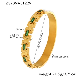 Detail of 18k gold plated stainless steel bracelet showing size 6.0cm and green zircon