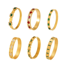 18k gold plated stainless steel bracelets with emerald stones and zircon inlays