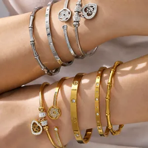Brazalete de Lujo de Acero Inoxidable y Circonia para Mujer Oro Plata Diseño de Tornillo y Bambú Pulsera Geométrica Joyería