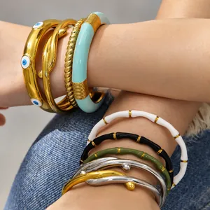 Bracciale a Polsino in Acciaio Inossidabile Smalto Malocchio Nodo di Bamboo Design Geometrico Twist Bracciale Rigido Donna