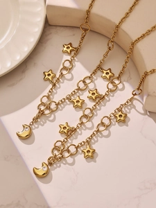 Détail du collier plaqué or avec breloques étoiles évidées et pendentif lune zircon