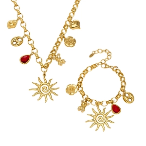 Gold stainless steel jewelry set with sun, bear, and zircon charms necklace and bracelet
