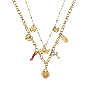 Double-layered 18k gold plated necklace with heart, angel and religious charms on white