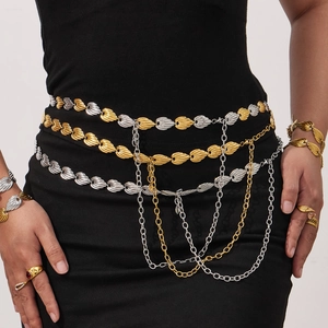 Multilayer gold and silver geometric leaf waist chain and jewelry set on black dress
