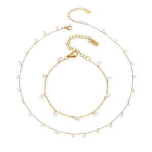 Schmuckset aus vergoldetem Edelstahl mit Quastentropfen-Kristallen an Kette und Armband