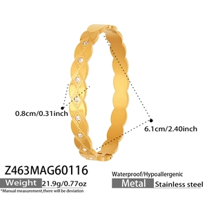 Detail view of 18k gold plated steel bangle with diamond rhombus pattern and size specs
