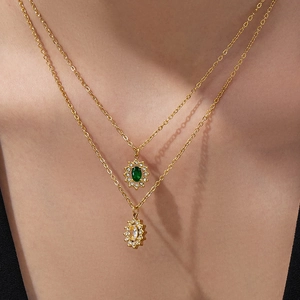 French vintage gold layered necklace set with green and white teardrop pendants