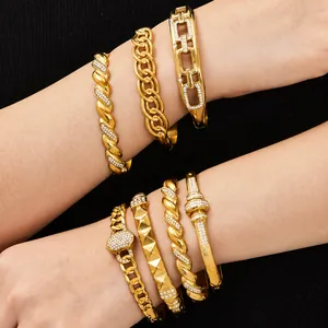 Bracelet Jonc Géométrique en Acier Inoxydable pour Femme Plaqué Or 18K Incrusté de Strass Imperméable Bijoux de Mode